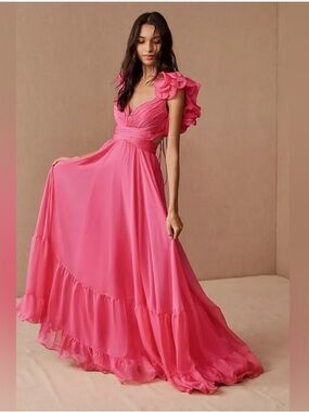 Mac Duggal Hot Pink Ruffle Sleeve Pleated Chiffon Gown NWT Size 12 Maxi Dress